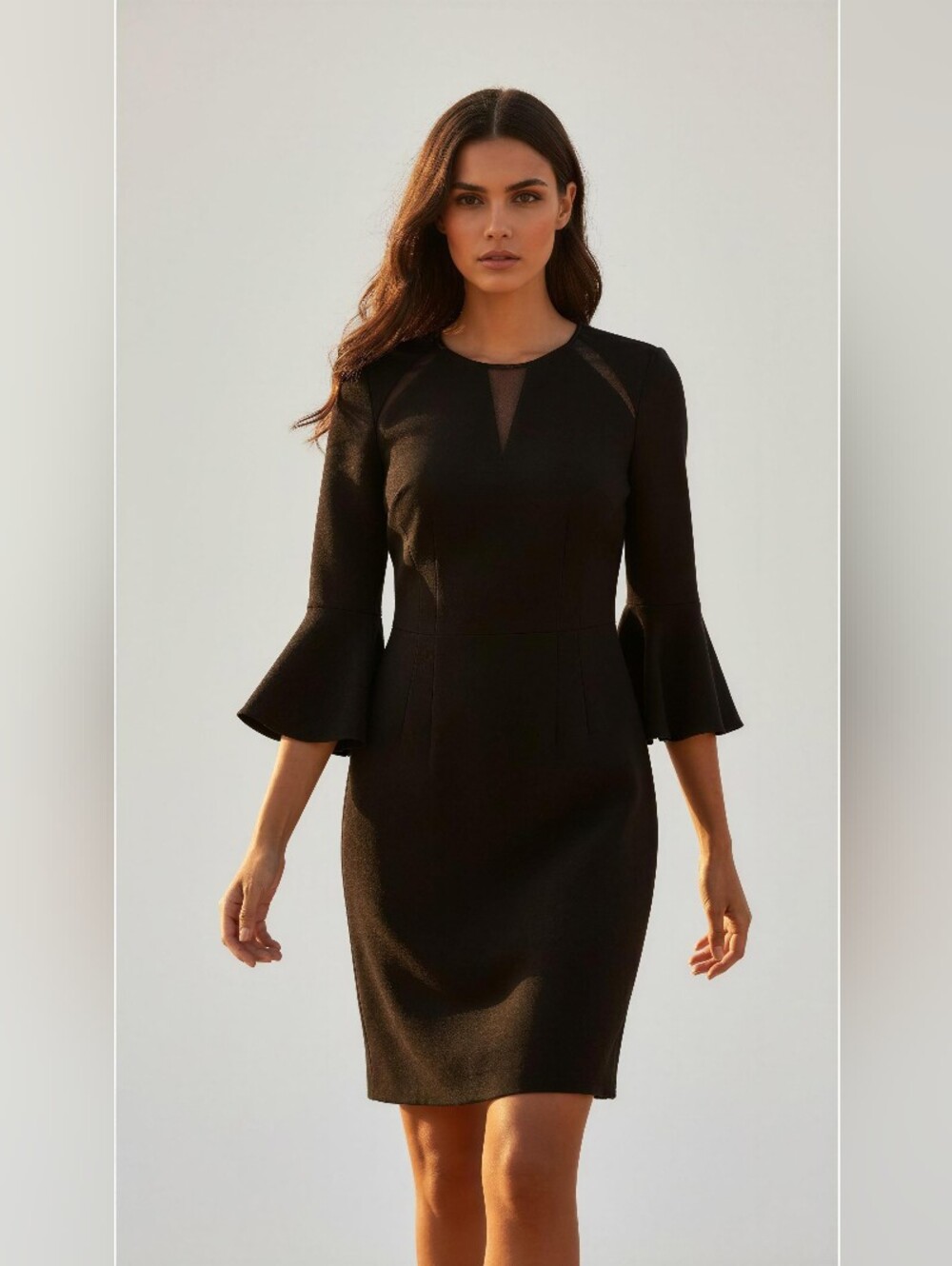 Black Bell-Sleeve Sheath Dress with Mesh Yoke SIZE MEDIUM